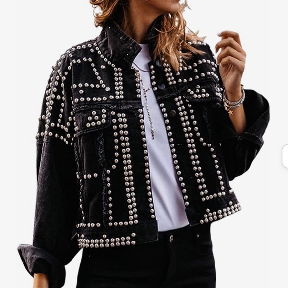 NEW APA Distressed Western Boyfriend Trucker Jacket Black Studs Size M NWT - Picture 5 of 8